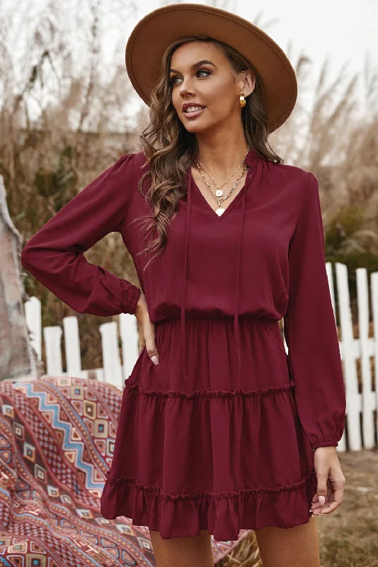 Wine V Neck Long Sleeve Ruffle Tiered Mini Dress