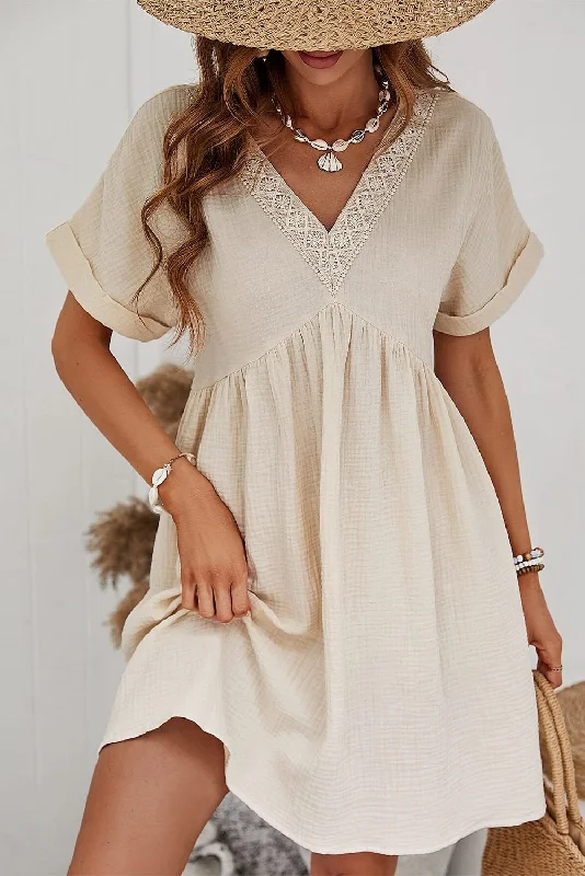 Solid V-Neck Short Sleeve Mini Dress