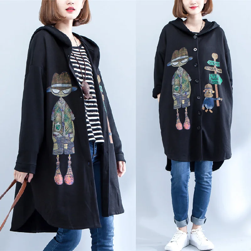 2021 autumn black print cotton coats plus size low high hooded trench coats