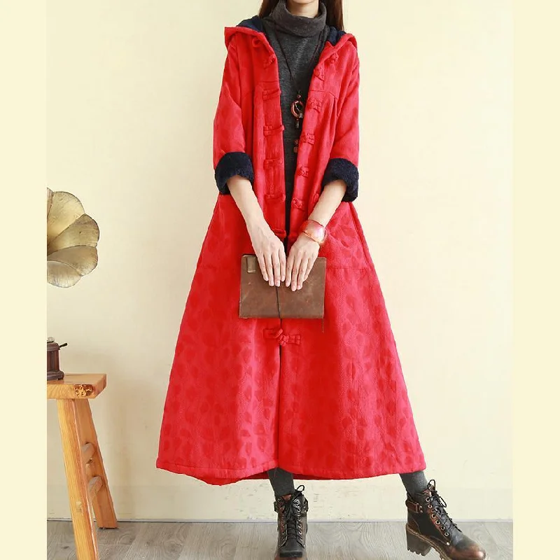 Art hooded Plus Size Chinese Button trench coat red Plus Size Clothing jackets