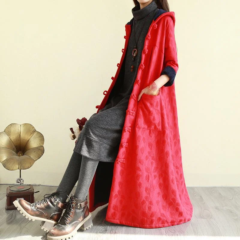 Art hooded Plus Size Chinese Button trench coat red Plus Size Clothing jackets