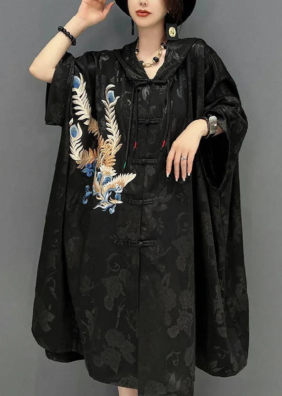 Chinese Style Black Hooded Embroideried Jacquard Cotton Trench Coat Fall