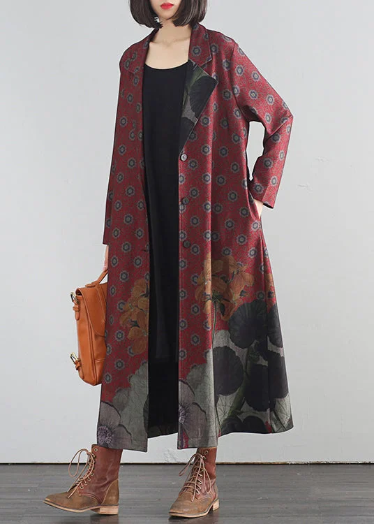 Elegant Red V Neck Print Button Maxi Trench Coats Fall