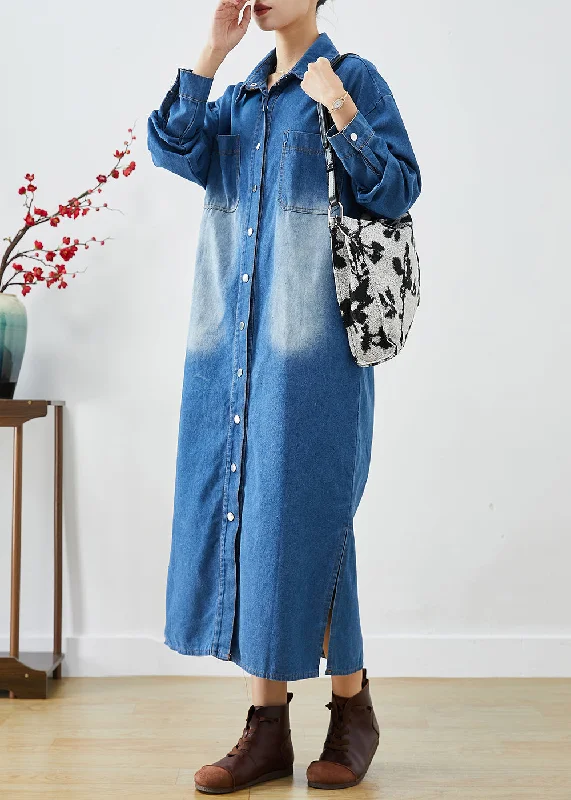 Fashion Blue Button Down Side Open Denim Trench Coats Fall