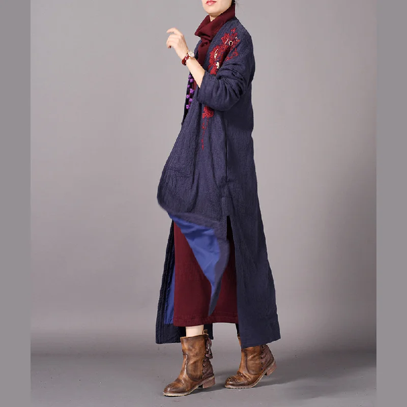 Fashion blue maxi coat oversized embroidery baggy trench coat New side open Coat