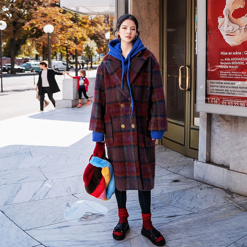 Fine red blue Plaid coats plus size Notched trench coat New double breasted Wool Coat