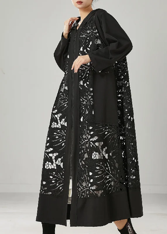 Fitted Black Oversized Patchwork Hollow Out Cotton Trench Spring