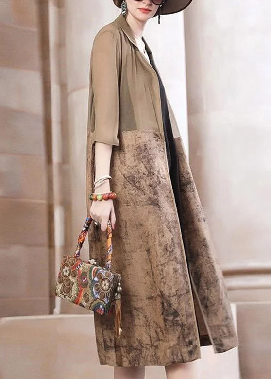 French Brown Notched Tulle Patchwork Long Trench Coats Spring