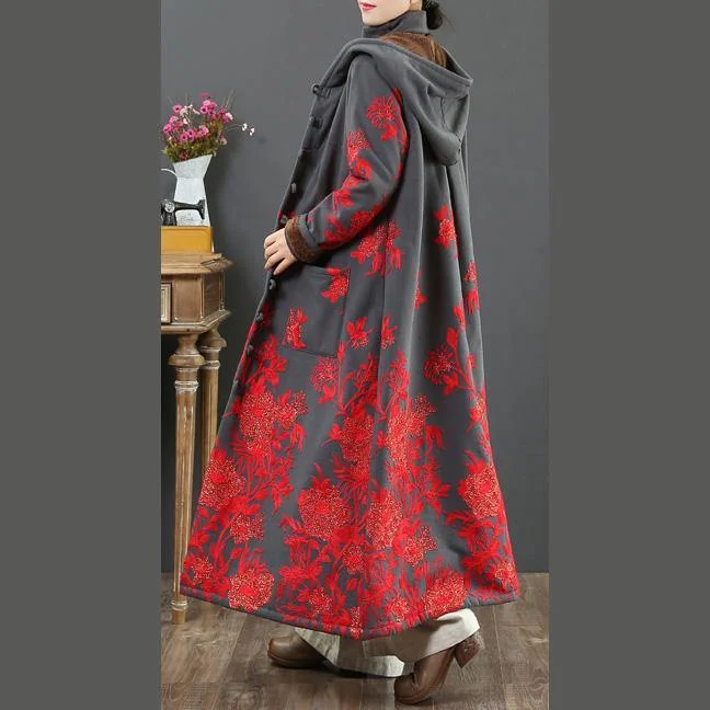 French embroidery Fashion hooded trench coat gray thick cotton outwears