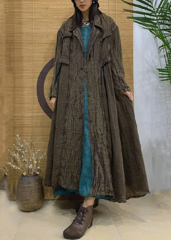 Green Pockets Linen Long Trench Coat Notched Long Sleeve