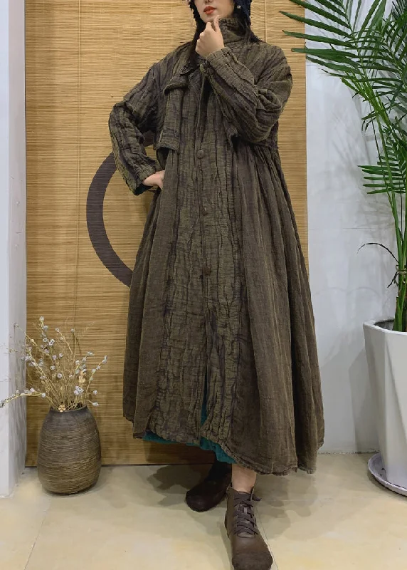 Green Pockets Linen Long Trench Coat Notched Long Sleeve