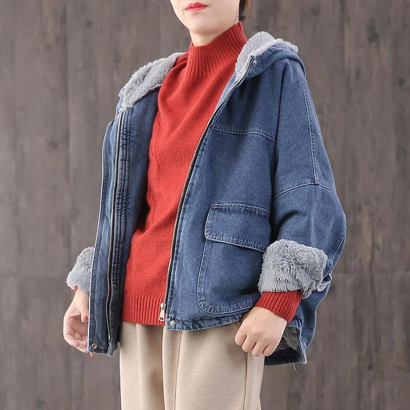 Italian hooded thick Fine trench coat denim blue oversized coats