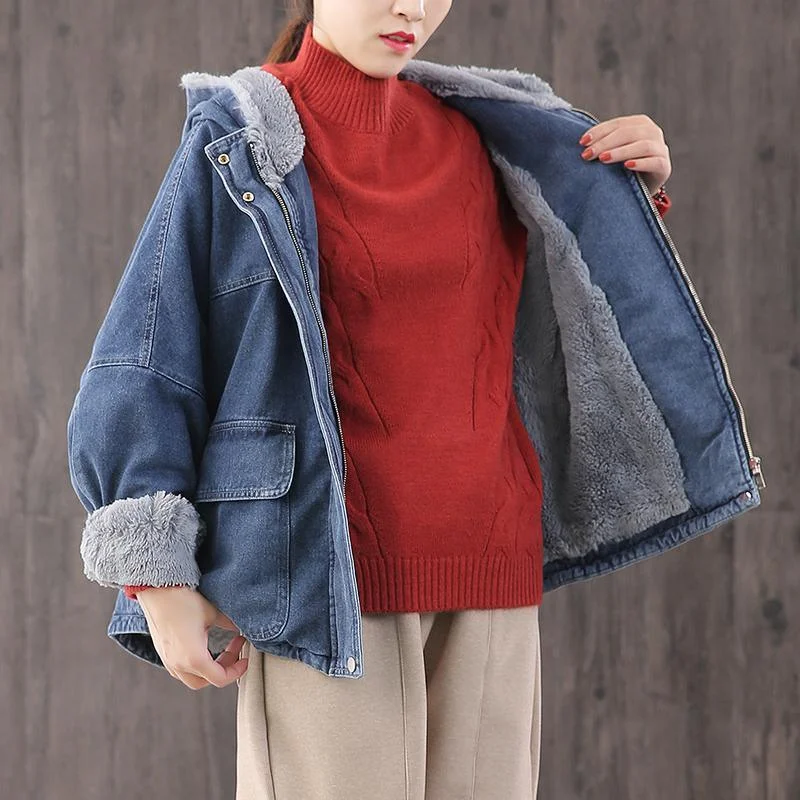 Italian hooded thick Fine trench coat denim blue oversized coats