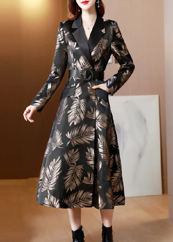 Jacquard Black Sashes Pockets Cotton Long Trench Coat Fall