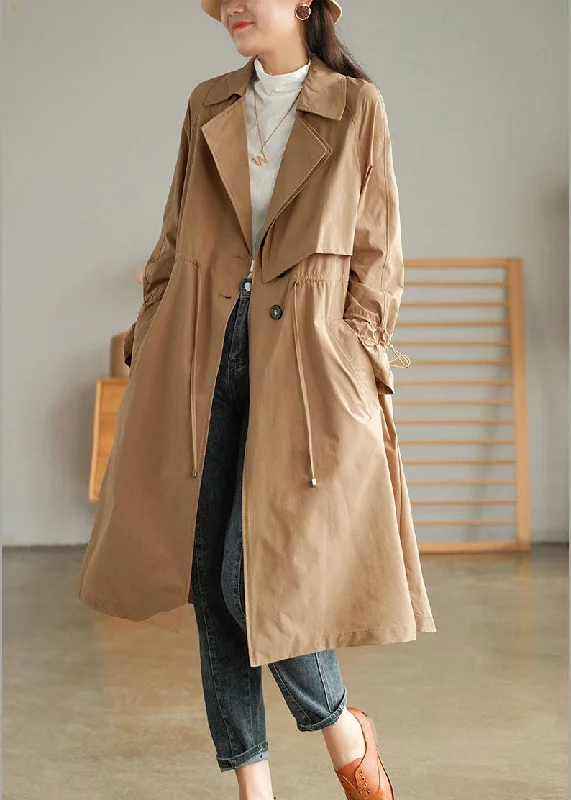 Khaki Solid Color Cotton Trench Coats Oversized Notched Fall