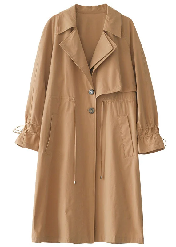 Khaki Solid Color Cotton Trench Coats Oversized Notched Fall