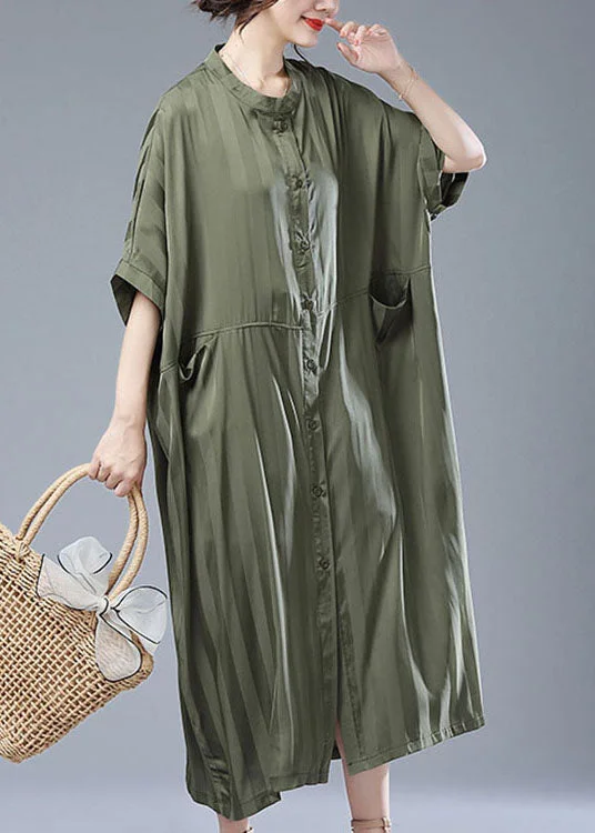 Loose Army Green Striped Pockets Patchwork Long Trench Coat Summer