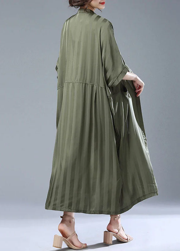 Loose Army Green Striped Pockets Patchwork Long Trench Coat Summer