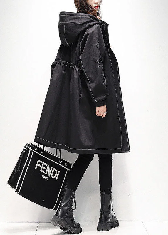 Modern Black Hooded Drawstring Fine Cotton Filled Trench Coats Winter