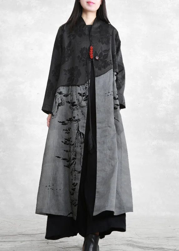 Modern Dark Grey Pockets Patchwork Cotton Trench Coat Spring