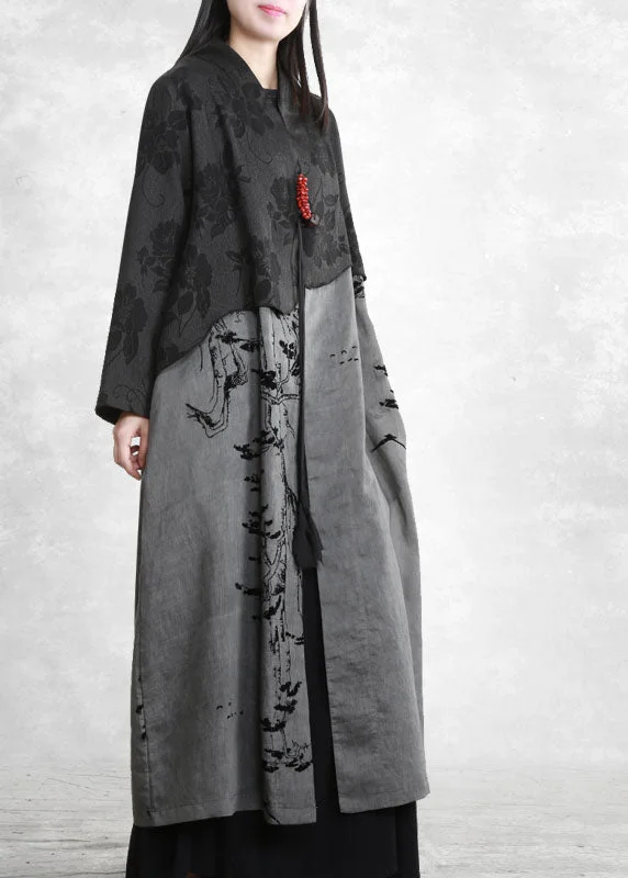 Modern Dark Grey Pockets Patchwork Cotton Trench Coat Spring