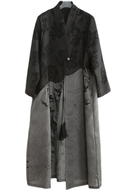 Modern Dark Grey Pockets Patchwork Cotton Trench Coat Spring