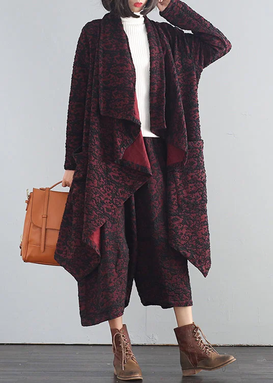 Modern Mulberry V Neck Print Trench Coats And Crop Pants Two Piece Set Fall