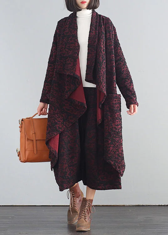 Modern Mulberry V Neck Print Trench Coats And Crop Pants Two Piece Set Fall