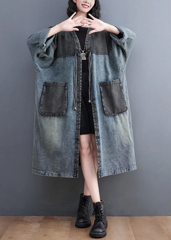 Natural V Neck Patchwork Pockets Denim Maxi Trench Coat Fall