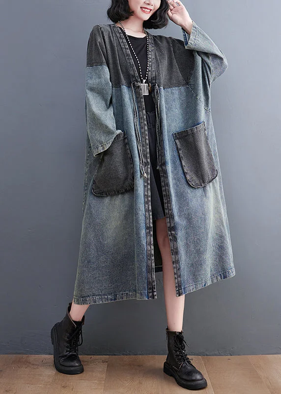 Natural V Neck Patchwork Pockets Denim Maxi Trench Coat Fall