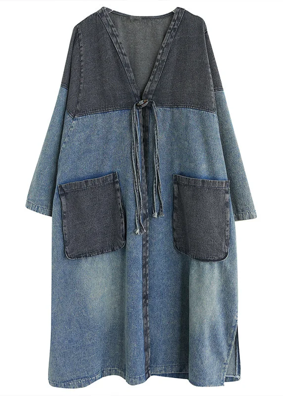 Natural V Neck Patchwork Pockets Denim Maxi Trench Coat Fall