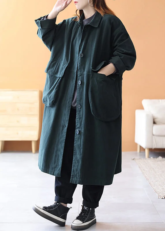 Novelty Blackish Green Peter Pan Collar Pockets Cotton Trench Coats Long Sleeve