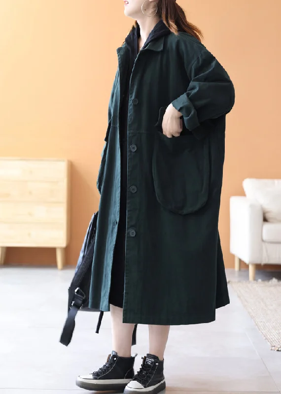 Novelty Blackish Green Peter Pan Collar Pockets Cotton Trench Coats Long Sleeve