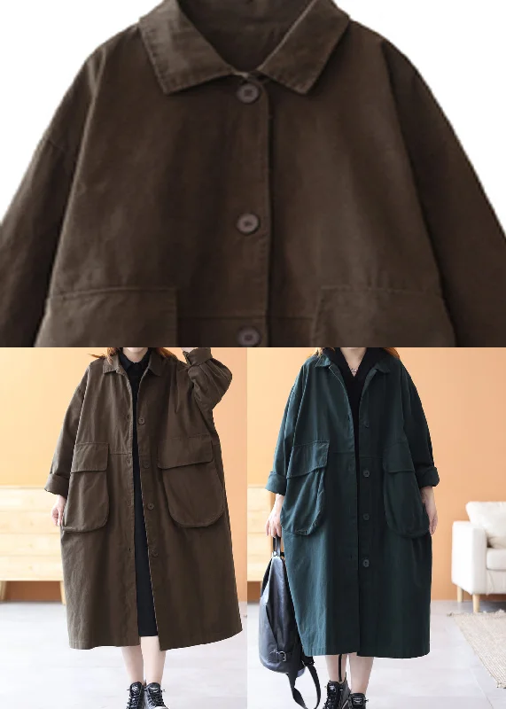 Novelty Blackish Green Peter Pan Collar Pockets Cotton Trench Coats Long Sleeve