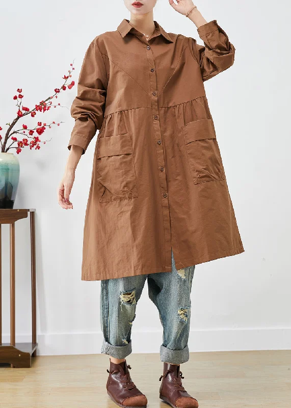 Organic Coffee Oversized Patchwork Pockets Cotton Trench Coats Fall