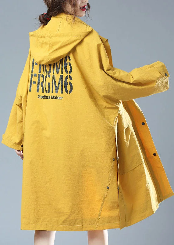 Plus Size Yellow Hooded Print Pockets Patchwork Cotton Trench Coat Fall