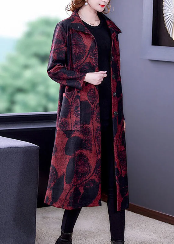 Red Button Pockets Patchwork Cotton Long Trench Coat Stand Collar Long Sleeve