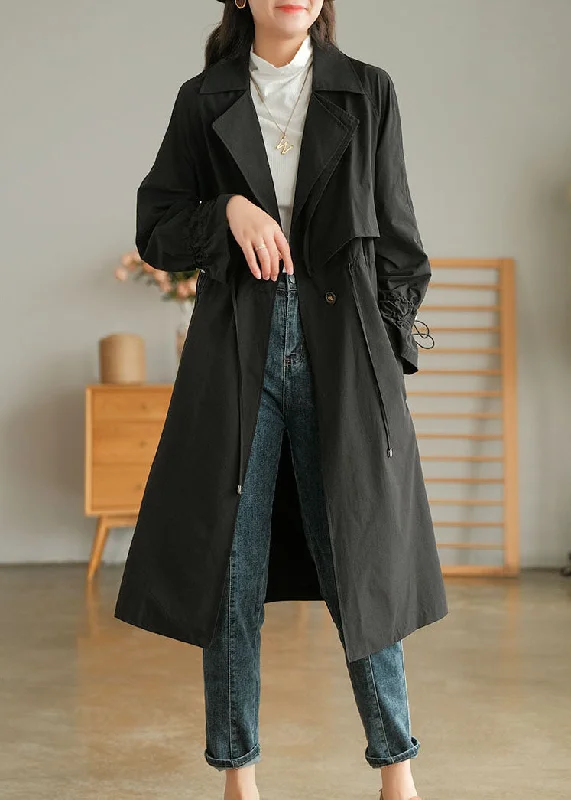 Stylish Black Peter Pan Collar Drawstring Cotton Trench Coat Outwear Fall