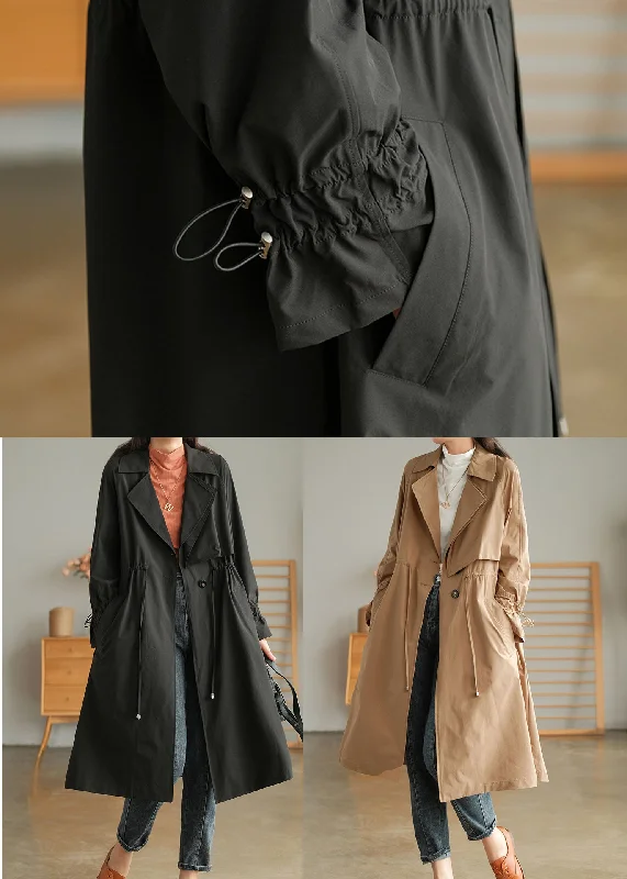 Stylish Black Peter Pan Collar Drawstring Cotton Trench Coat Outwear Fall