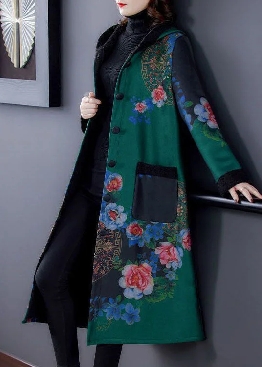 Stylish Green Hooded Print Warm Fleece Trench Coats Winter