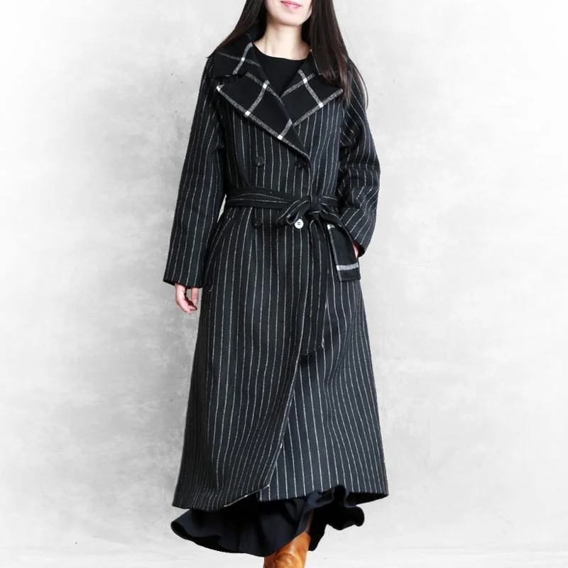 top quality oversized trench coat black striped Notched patchwork wool coat