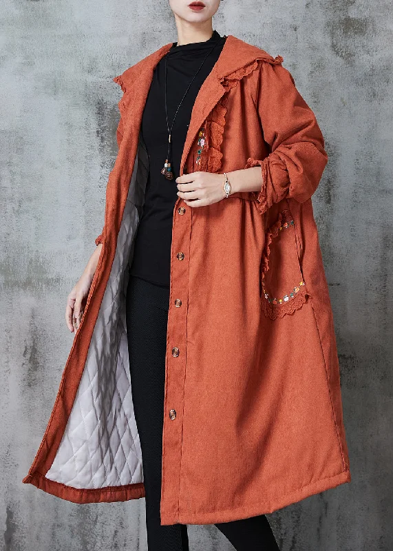 Unique Orange Embroidered Patchwork Lace Fine Cotton Filled Trench Spring