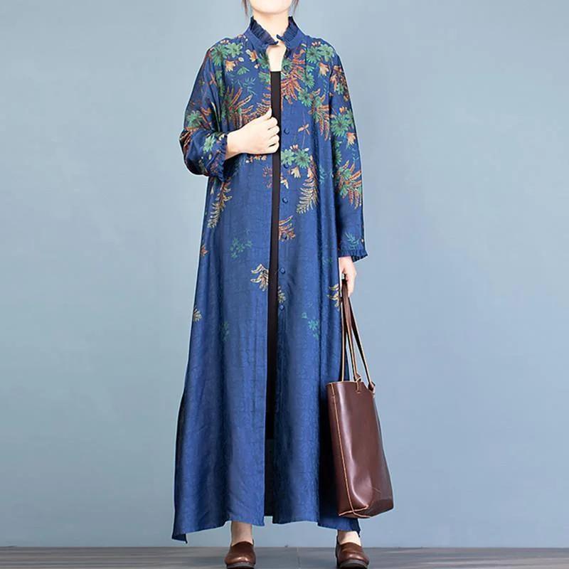 Unique stand collar side open Fashion trench coat blue print loose women cardigan