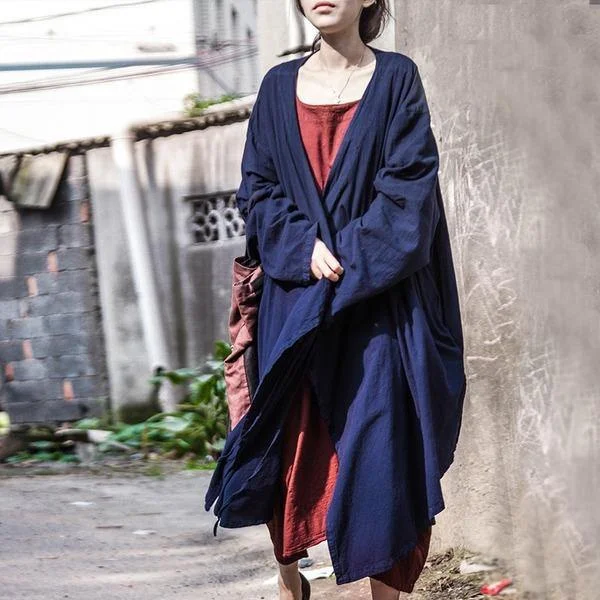 Women Cotton Linen Bandage Trench Coat  V-Neck Vintage Cardigan Irregular Clothes Trench