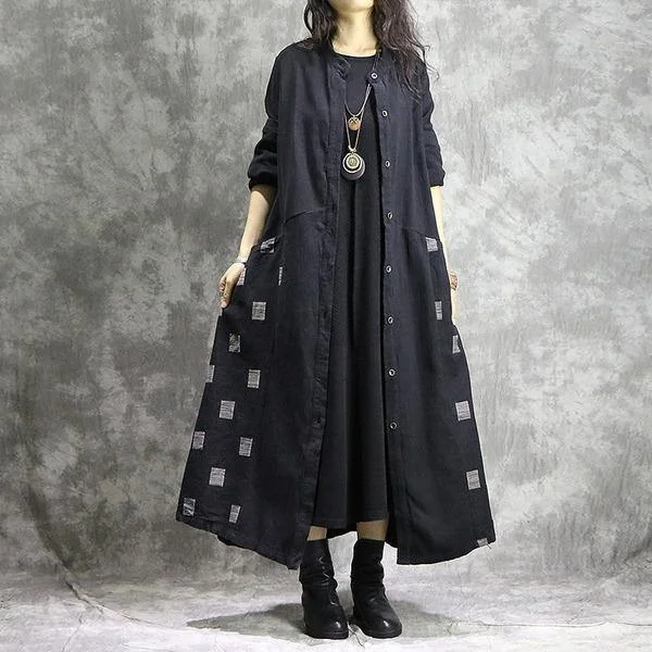 Women Cotton Linen Trench Vintage Autumn Coats Patchwork  Clothing Black Trench Coats