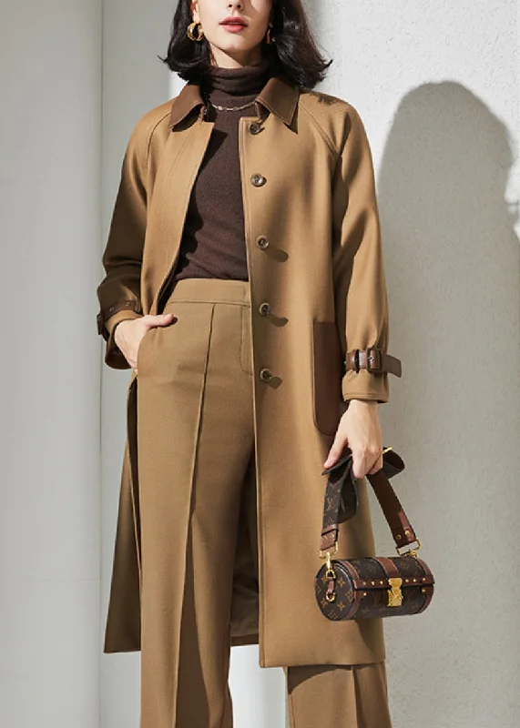 Women Khaki Peter Pan Collar Pockets Patchwork Button Wool Trench Coat Spring