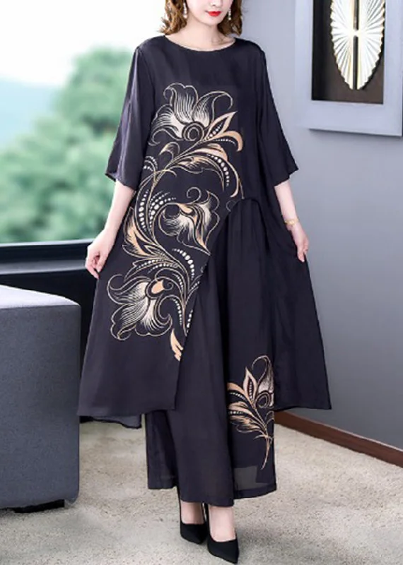 Beautiful Black Asymmetrical Print Chiffon Top And Wide Leg Pants Two-Piece Set Summer