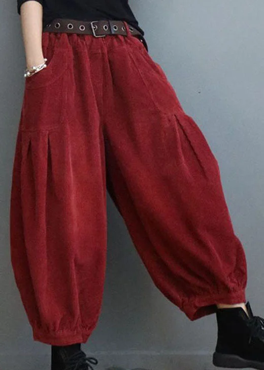 Bohemian Red Pockets wrinkled Corduroy lantern Pants Winter