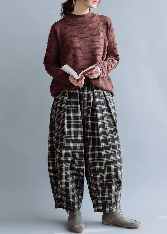 Boutique Beige elastic waist Plaid Cotton Pants Spring