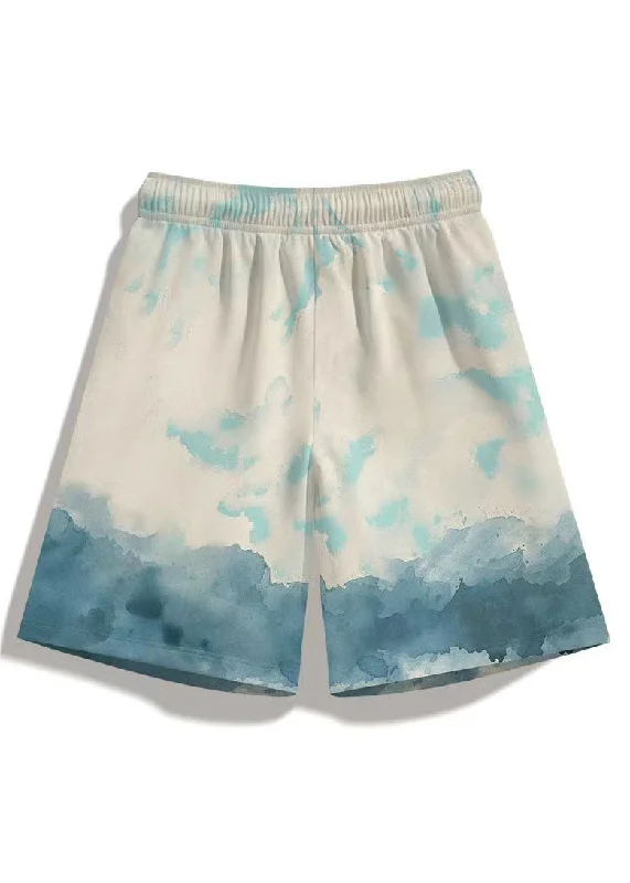 Casual White Print Pockets Elastic Waist Cotton Men Beach Shorts Summer